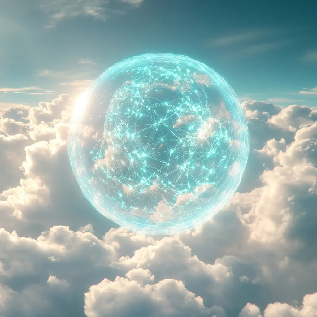 Visualisierung eines LLM-Modells als Kugel, die in den Wolken schwebt